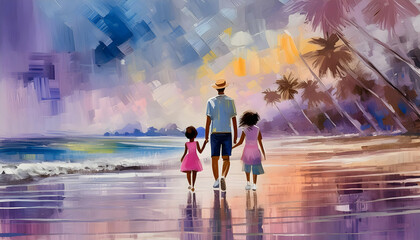 Abstract family with two kids walking on tropical sand beach at summer vacation, Happy family on digital art concept.