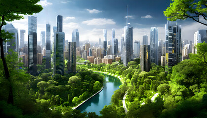 Naklejka premium Abstract Plant based sentient cityscape artificial intelligence on digital art concept.