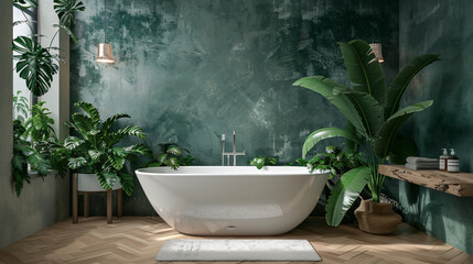 Interior of bathroom with green houseplants and bathtub