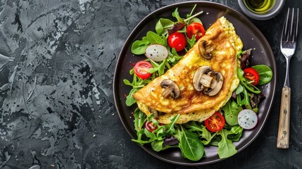 Top view delicious mushroom omelette with salad on plate homemade on dark background. Generated AI