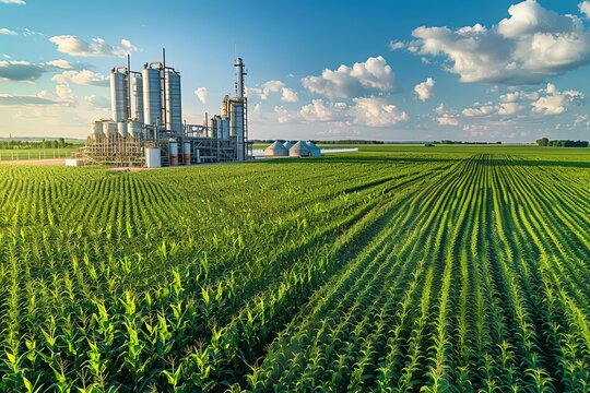 Aerial view of an ethanol production plant with vast fields of corn stretching into the distance
