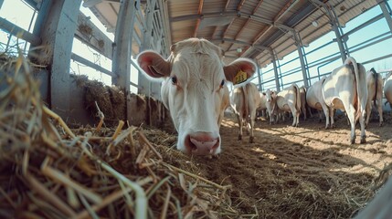 A cow eating hay in a barn. - obrazy, fototapety, plakaty