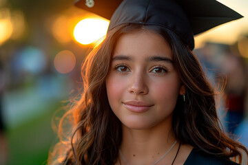 Young hispanic woman in black gown and graduation cap in front of university at sunset light 