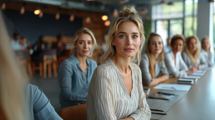 Confident Female Leader Addressing Team during Meeting in Modern Office