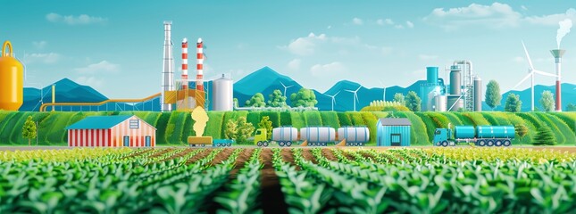 Diagrammatic illustration showing the lifecycle of biofuel from crop cultivation to combustion in an engine