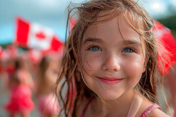 Portrait of small girl on background of gathering in parks adorned with Canadian flags, celebrating Canada Day