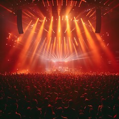 Live rock concert, dense crowd, stage lights flare, wide-angle, dramatic backlighting,