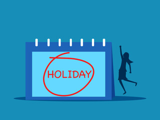 Company holidays. Businesswoman jumping with joy to celebrate holiday with calendar