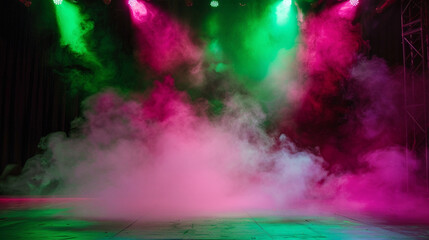 A stage bathed in rich fuchsia smoke under a lime green spotlight, offering a bold, playful visual contrast.