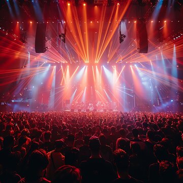 Exclusive concert VIP area, crowd watching, vibrant stage lights, fisheye lens