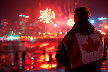 A man wraps himself in the Canadian flag behind his back and watches the fireworks 