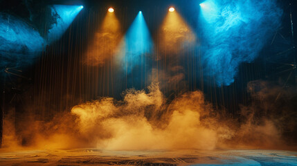 A stage covered in pale gold smoke under a deep blue spotlight, offering a luxurious, subtle atmosphere.