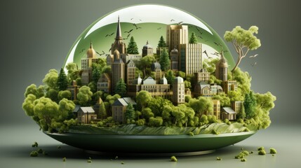 Sustainable Urban Concept: Green Cityscape with Modern Buildings and Lush Forests Encased in a Globe