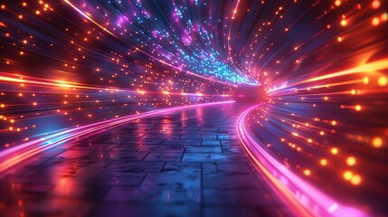 Radiant Neon Lights in Motion on a Dark Road: 3D Render of High-Speed Colorful Streaks