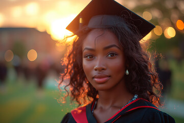 Young black woman in black gown and graduation cap in front of university at sunset light 