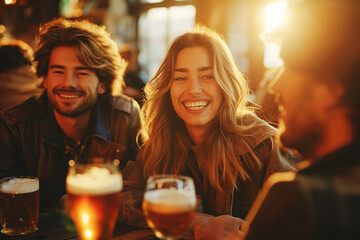 group of happy friends people drink beer, laugh and chat inside bar at table