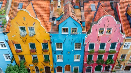 Colorful Aerial View of an Old European Town with Vibrant Buildings and Charming Rooftops