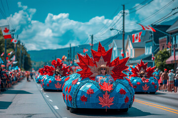 Street parade with floats decorated in maple leaves and patriotic themes, showcasing Canadian pride on July 1st