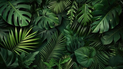 Group background of dark green tropical leaves Panorama background. concept of nature AI generated