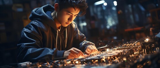 A young man in a dark hoodie works on a complex piece of machinery. He is focused and determined, and the machinery is glowing in the dark. - obrazy, fototapety, plakaty