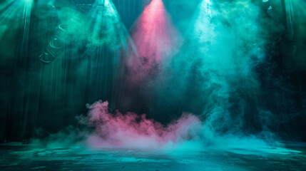 A stage enveloped in rich teal smoke illuminated by a soft pink spotlight, casting a soothing, tranquil effect.