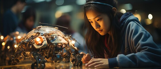 A young girl is working on a robot. She is soldering a circuit board. The robot is made of metal and has a variety of sensors and motors.