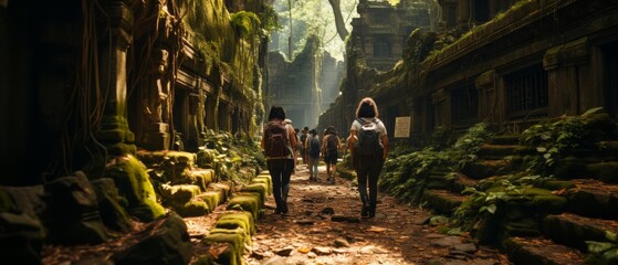 A group of explorers trek through an ancient overgrown temple complex, sunlight filtering through the dense foliage.