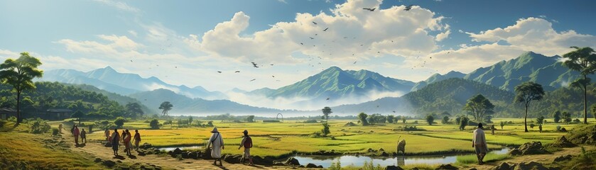 A group of people are walking through a lush green field. There are mountains in the background and a river in the foreground.