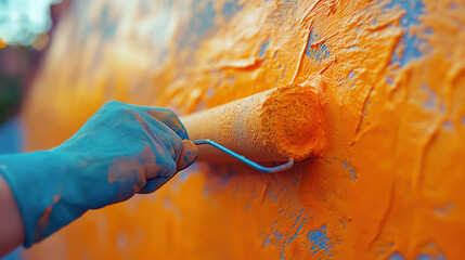 painter's hand with painting roller paints wall orange color