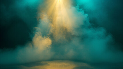 A stage enveloped in soft beige smoke under a deep turquoise spotlight, casting a gentle, soothing glow.