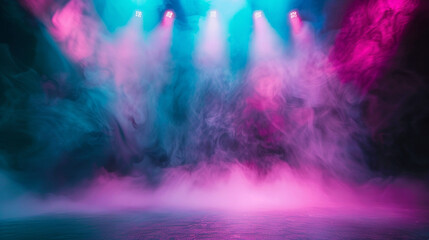A stage enveloped in soft sage green smoke under a deep magenta spotlight, offering a calming, mystical atmosphere.