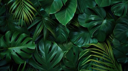 Group background of dark green tropical leaves Panorama background. concept of nature AI generated