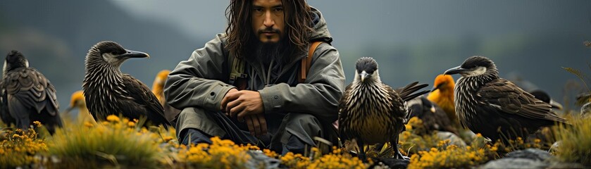 A lone wanderer sits on a rocky hilltop, surrounded by a variety of birds. The man is wearing a worn cloak and has a long beard.