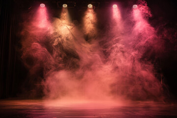 A stage shrouded in light olive smoke illuminated by a deep pink spotlight, creating a subtle, earthy look.