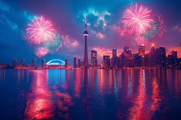 Naklejka premium Fireworks lighting up the night sky over iconic Canadian landmarks on July 1st