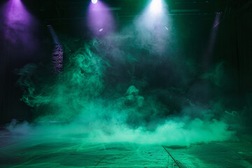 A stage shrouded in pale mint green smoke under a deep purple spotlight, offering a fresh, soothing atmosphere.
