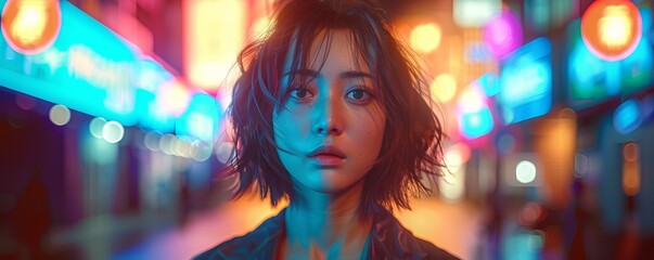 Neon-lit portrait of a stylish asian person in urban setting. Generative AI image