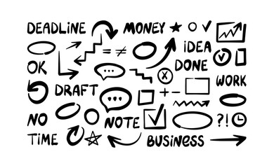 Business words, presentation icons collection. Hand drawn marker, brush doodle elements. Vector illustrations isolated on a white background