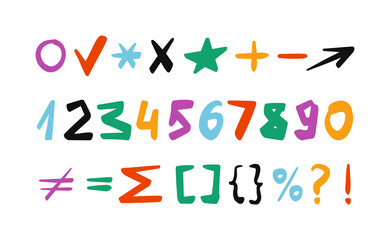 Numbers, symbols, punctuation marks set. Hand drawn marker, brush doodle elements. Vector illustrations isolated on a white background