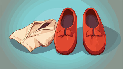 Pair of soft slippers and clothes on color backgrou