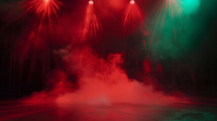 A stage with billowing dark red smoke under a sea green spotlight, providing a dramatic, intense visual.
