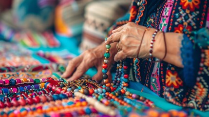 Close-up of a persons hands holding colorful beads with a focused expression.