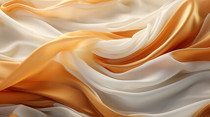 Obraz premium Beautifully Fluttering White and Golden Color Fabric in Space With Delicate Folds on Blurry Background
