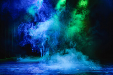 A stage with swirling indigo smoke under a bright green spotlight, setting a mysterious, enchanting mood.