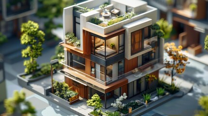 Clean minimalist house isometric model of small apartment and modern town house 3 floors