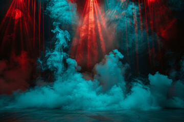 A stage with swirling aqua smoke abstract background illuminated by a ruby red spotlight, contrasting vividly against a black background.