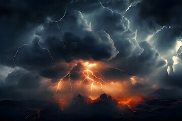 thunderclap. Thunder and striking clouds. Thunderstorms with lightning flashes across the night sky
