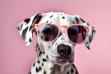 A black-framed Dalmatian dog is perched on a pure pink background.

