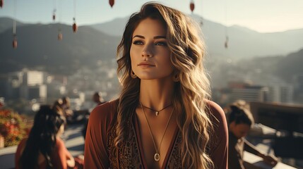 A beautiful woman with long brown hair, wearing a stylish outfit, standing on a rooftop in a city, looking out at the view with a pensive expression.