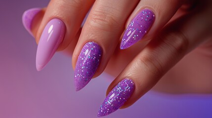 A lilac manicure displayed on a female hand, adorned with purple sparkles.